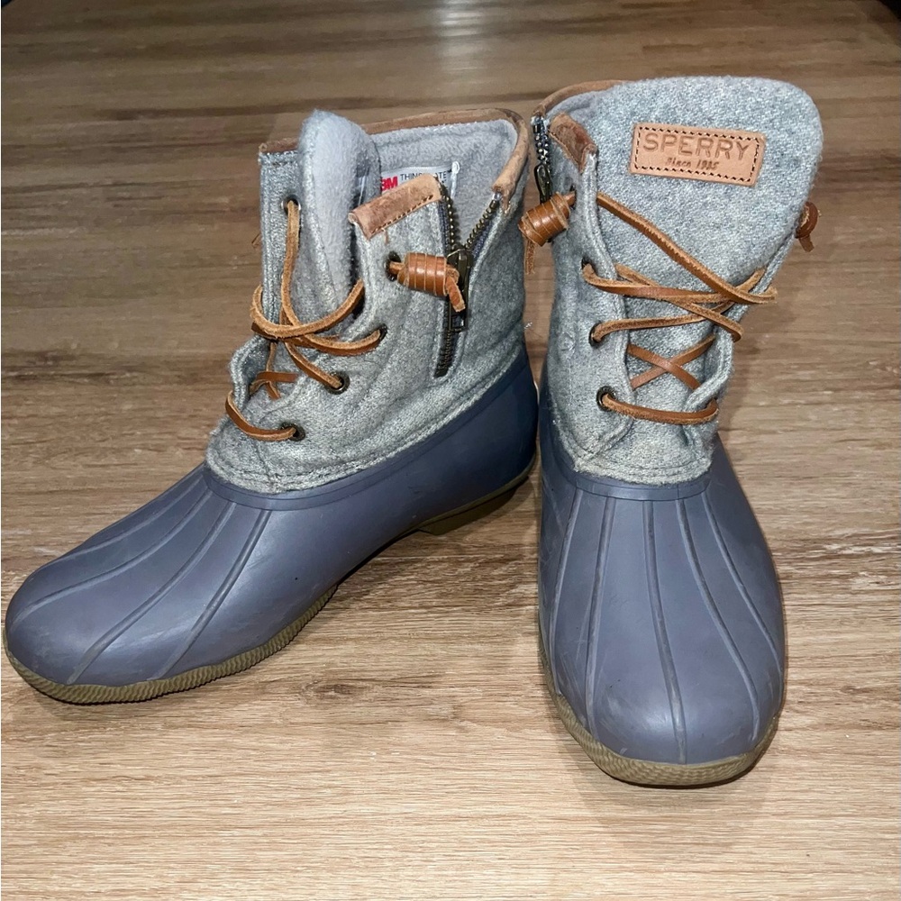 Sperry Gray Rubber & Light Gray Wool Duck Boots with Tan Accents